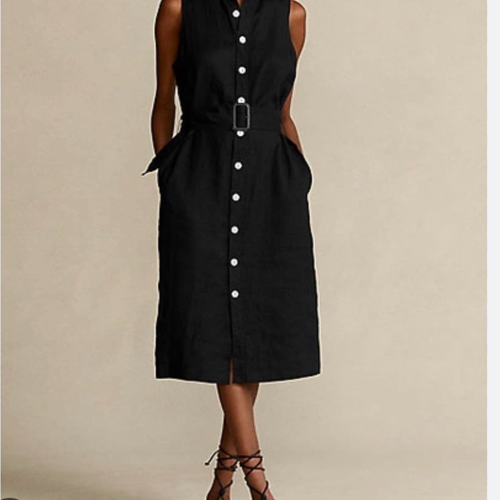 Black Linen Collared Sleeveless Dress